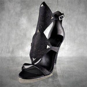 NIB Sigerson Morrison MARINO Embossed Black Leather Ankle Strap Sandals 7.5‎